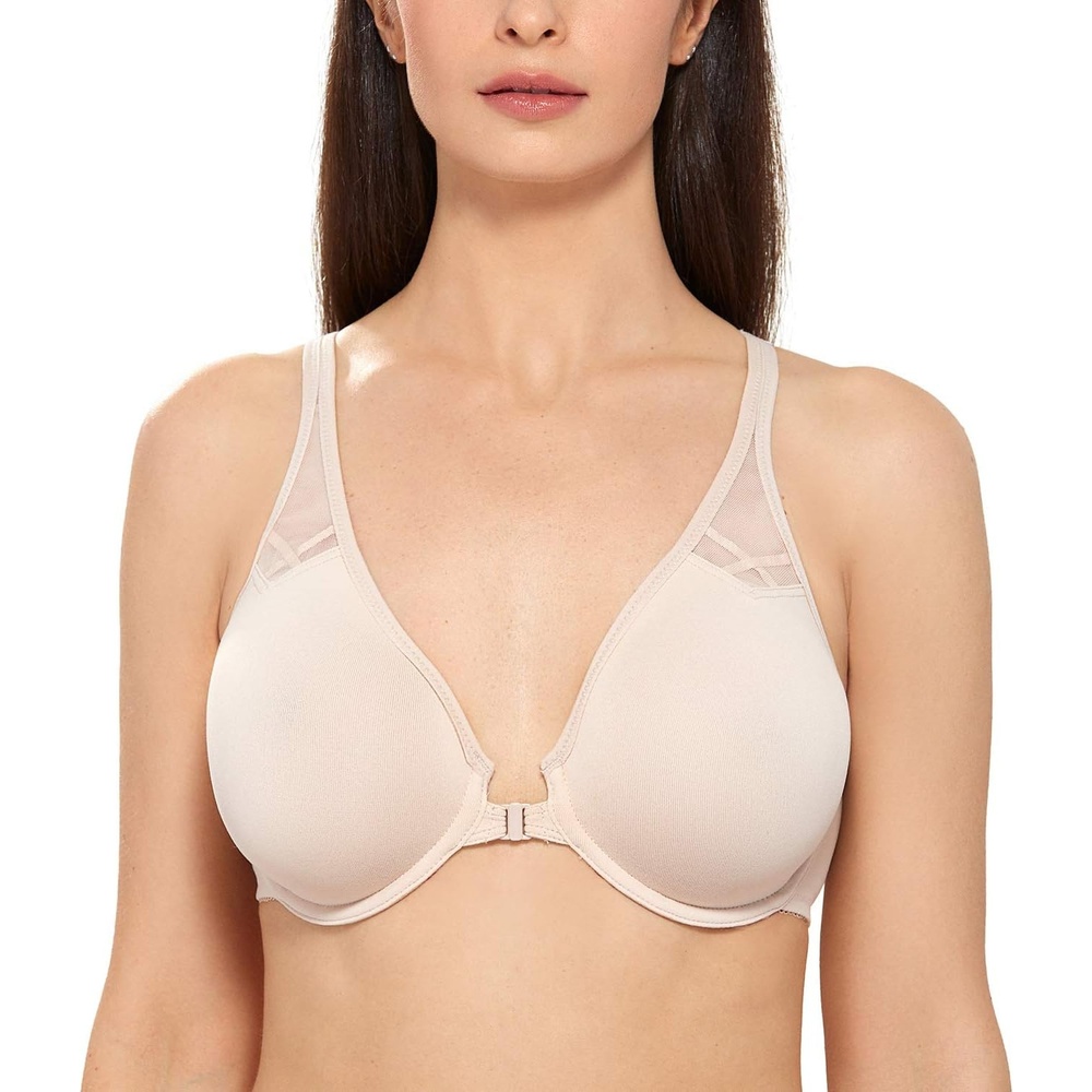 image:imageDELIMIRA Womens Front Closure Racerback Bras Plus Size Full Coverage Supportive Underwire Plunge Unlined BraBeige