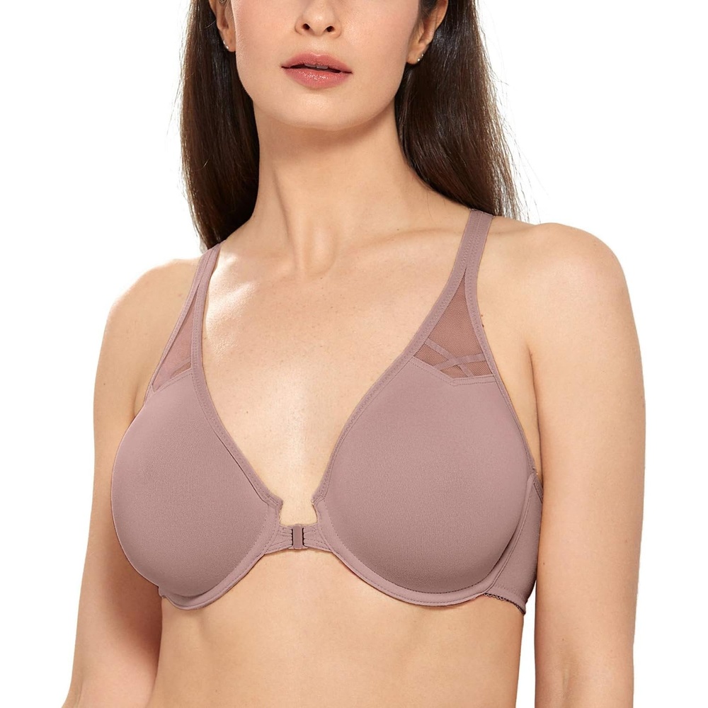 image:imageDELIMIRA Womens Front Closure Racerback Bras Plus Size Full Coverage Supportive Underwire Plunge Unlined BraMochaccino