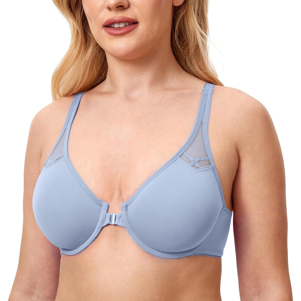 image:imageDELIMIRA Womens Front Closure Racerback Bras Plus Size Full Coverage Supportive Underwire Plunge Unlined BraMoonlight Blue