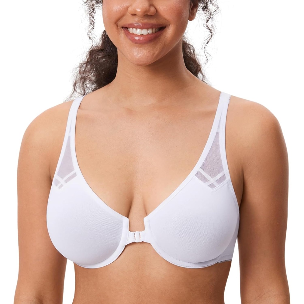 image:imageDELIMIRA Womens Front Closure Racerback Bras Plus Size Full Coverage Supportive Underwire Plunge Unlined BraWhite