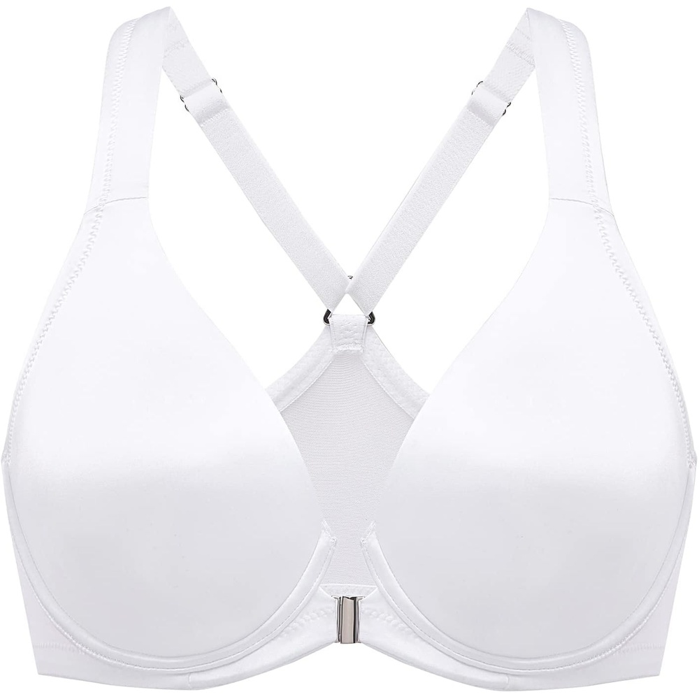 image:imageDELIMIRA Womens Front Closure Racerback Bras Plus Size Full Coverage Underwire Unlined Seamless Plunge BraWhite
