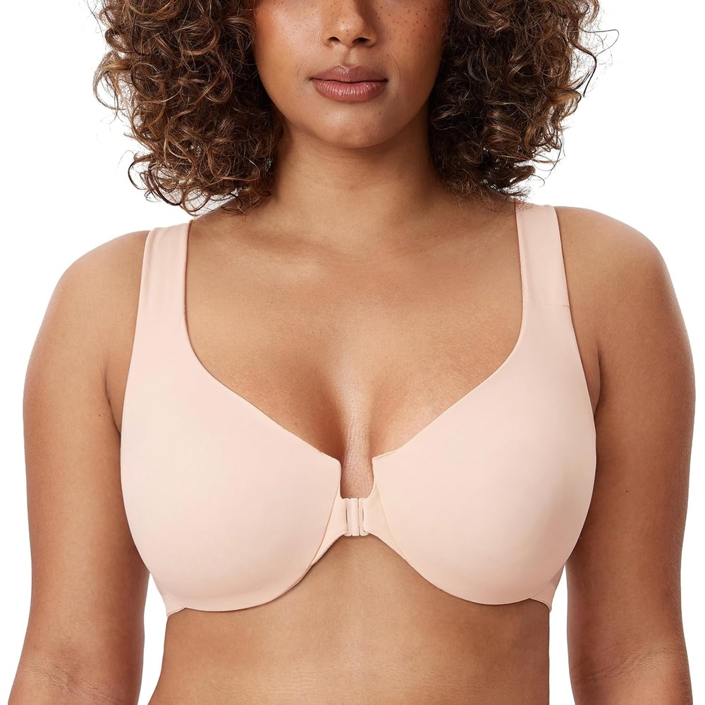 image:imageDELIMIRA Womens Front Closure Racerback Bras Plus Size Underwire Unlined Full Coverage Plunge BrasApricot Pink