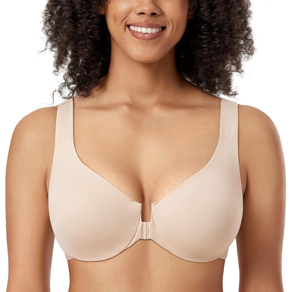 image:imageDELIMIRA Womens Front Closure Racerback Bras Plus Size Underwire Unlined Full Coverage Plunge BrasBeige
