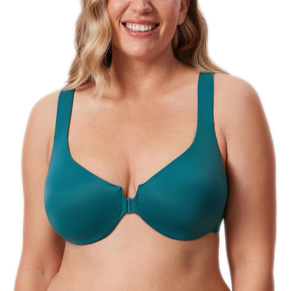 image:imageDELIMIRA Womens Front Closure Racerback Bras Plus Size Underwire Unlined Full Coverage Plunge BrasBorealis Green