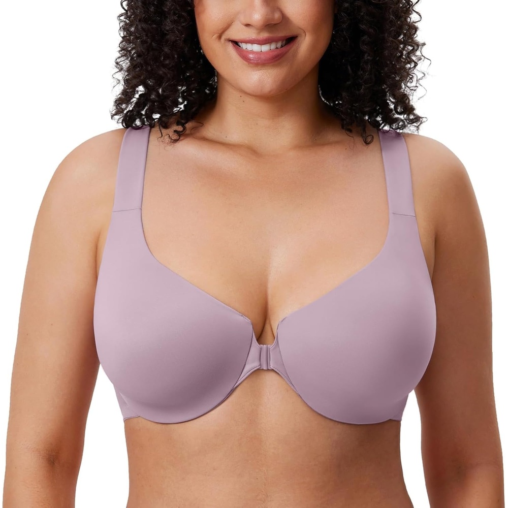 image:imageDELIMIRA Womens Front Closure Racerback Bras Plus Size Underwire Unlined Full Coverage Plunge BrasMauve Shadows