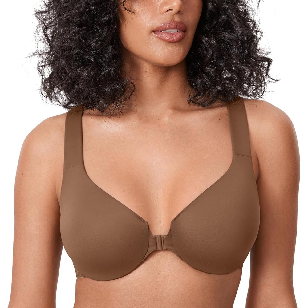 image:imageDELIMIRA Womens Front Closure Racerback Bras Plus Size Underwire Unlined Full Coverage Plunge BrasSandalwood Brown