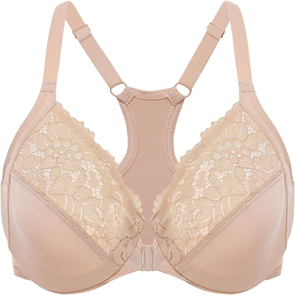 image:imageDELIMIRA Womens Racerback Front Closure Bras Lace Plus Size Full Coverage Underwire Unlined Support BraBeige
