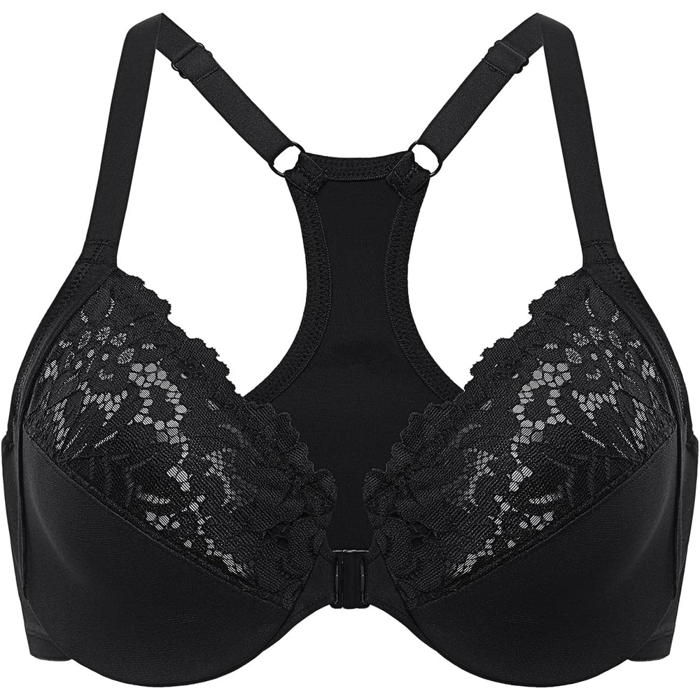 image:imageDELIMIRA Womens Racerback Front Closure Bras Lace Plus Size Full Coverage Underwire Unlined Support BraBlack