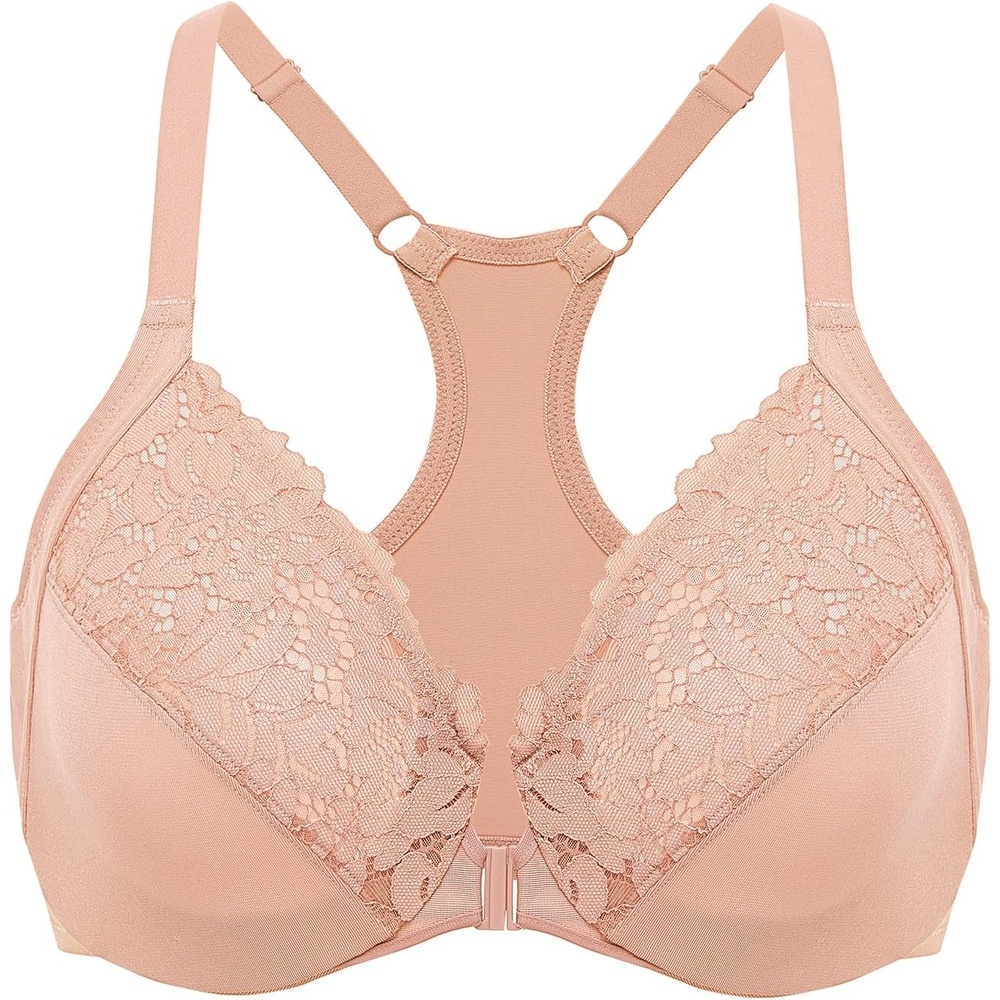 image:imageDELIMIRA Womens Racerback Front Closure Bras Lace Plus Size Full Coverage Underwire Unlined Support BraBlush Beige