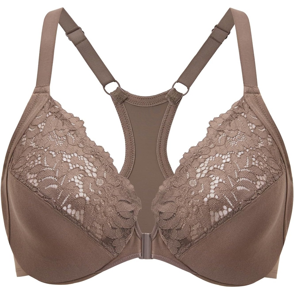 image:imageDELIMIRA Womens Racerback Front Closure Bras Lace Plus Size Full Coverage Underwire Unlined Support BraBrown Purple