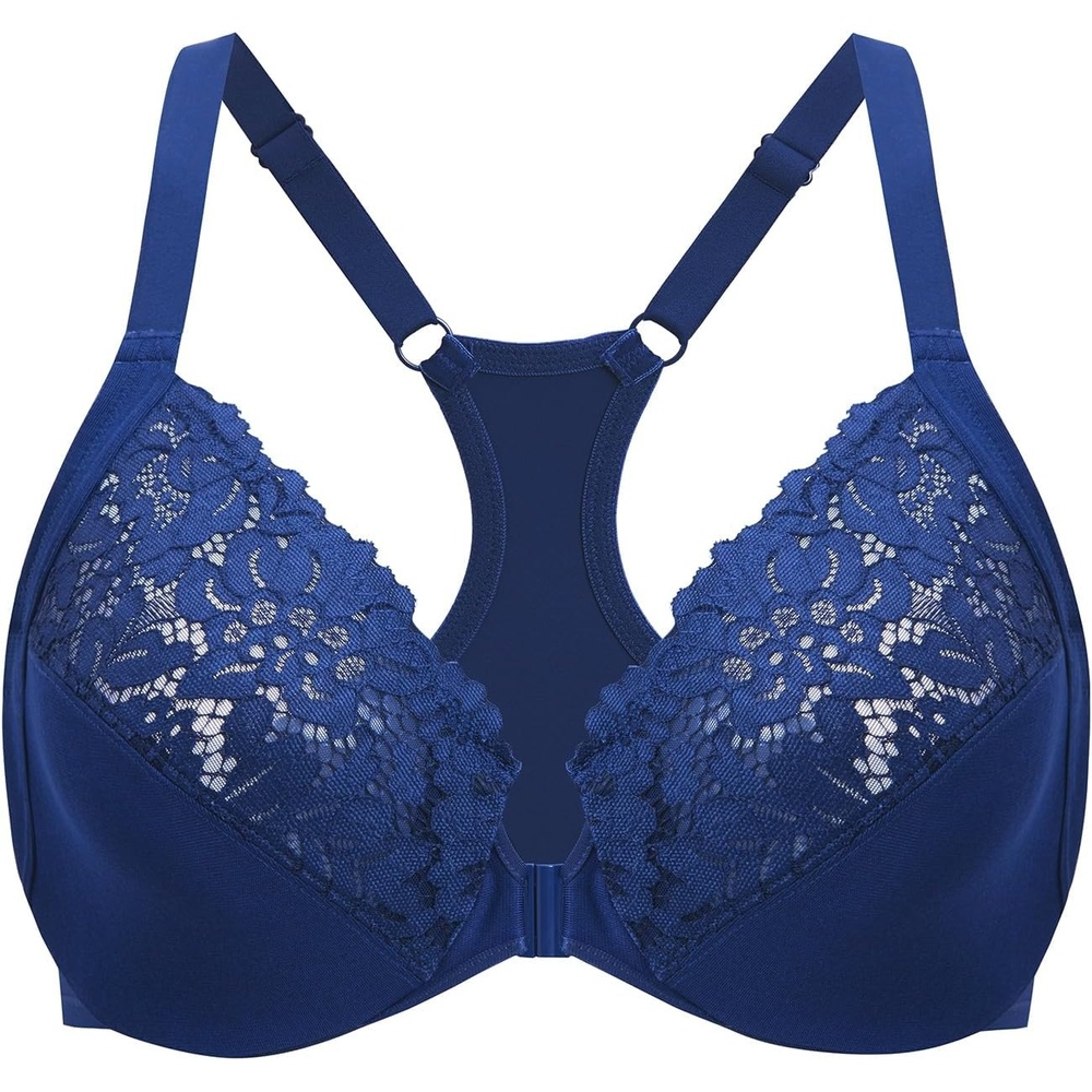 image:imageDELIMIRA Womens Racerback Front Closure Bras Lace Plus Size Full Coverage Underwire Unlined Support BraNightfall Blue