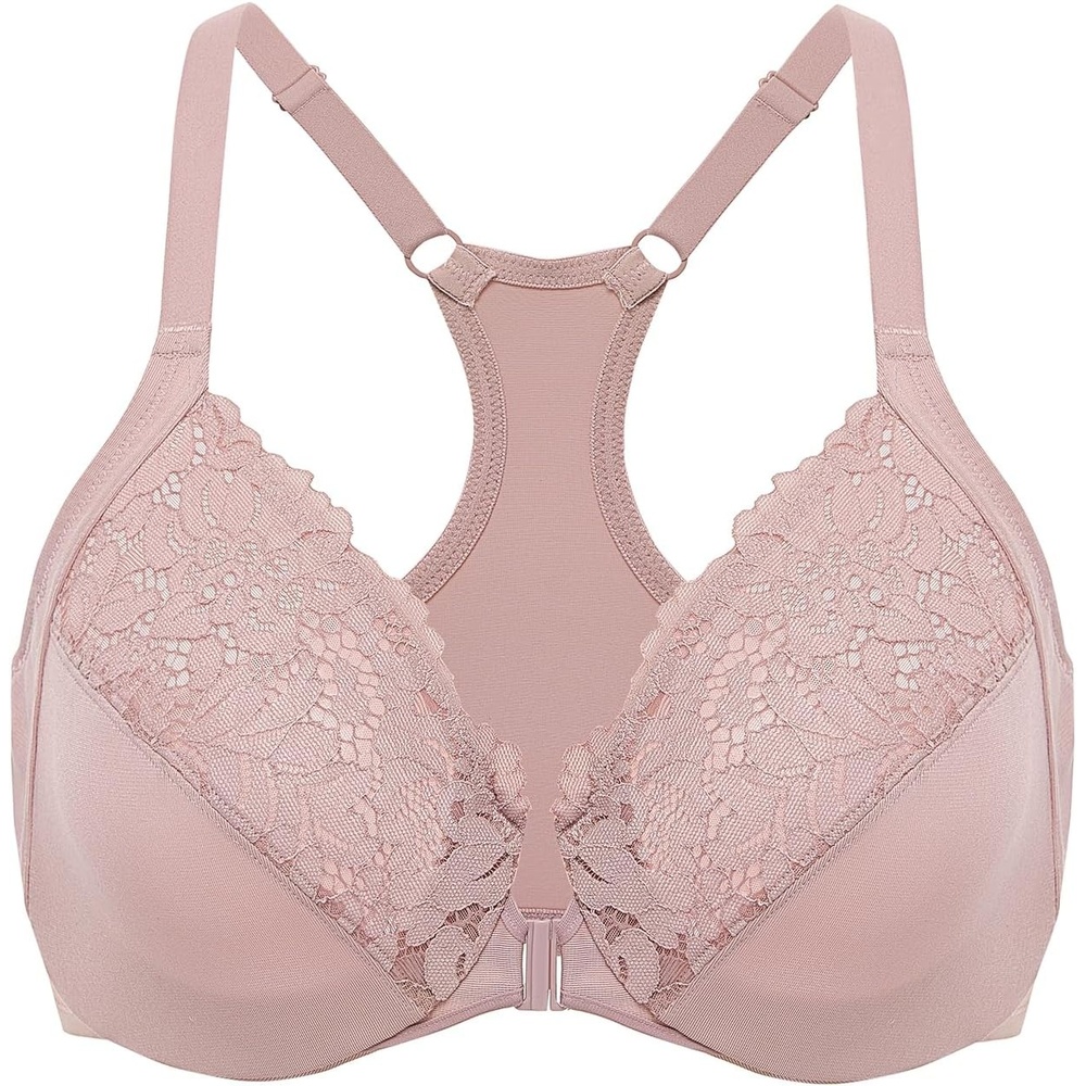 image:imageDELIMIRA Womens Racerback Front Closure Bras Lace Plus Size Full Coverage Underwire Unlined Support BraRose Smoked
