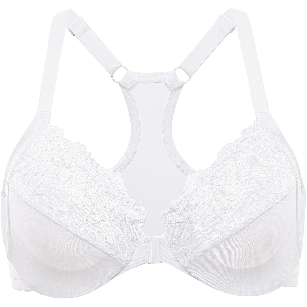 image:imageDELIMIRA Womens Racerback Front Closure Bras Lace Plus Size Full Coverage Underwire Unlined Support BraWhite