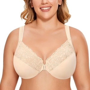 image:imageDELIMIRA Womens Front Closure Bras Plus Size Full Coverage Underwire Unlined Supportive Lace BraBeige
