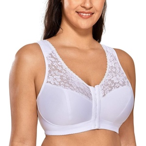 image:imageDELIMIRA Womens Front Closure Bras Racerback No Underwire Plus Size Full Coverage Lace Cotton BraWhite