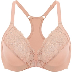 image:imageDELIMIRA Womens Racerback Front Closure Bras Lace Plus Size Full Coverage Underwire Unlined Support BraBlush Beige