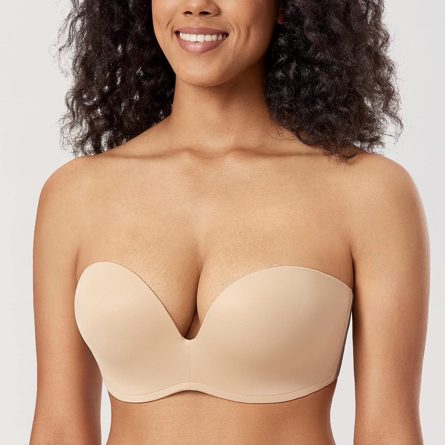 image:imageDELIMIRA Womens Strapless Bra Plunge Push Up for Big Busted Seamless Slightly Lined Support Lift Plus Size InvisibleBeige