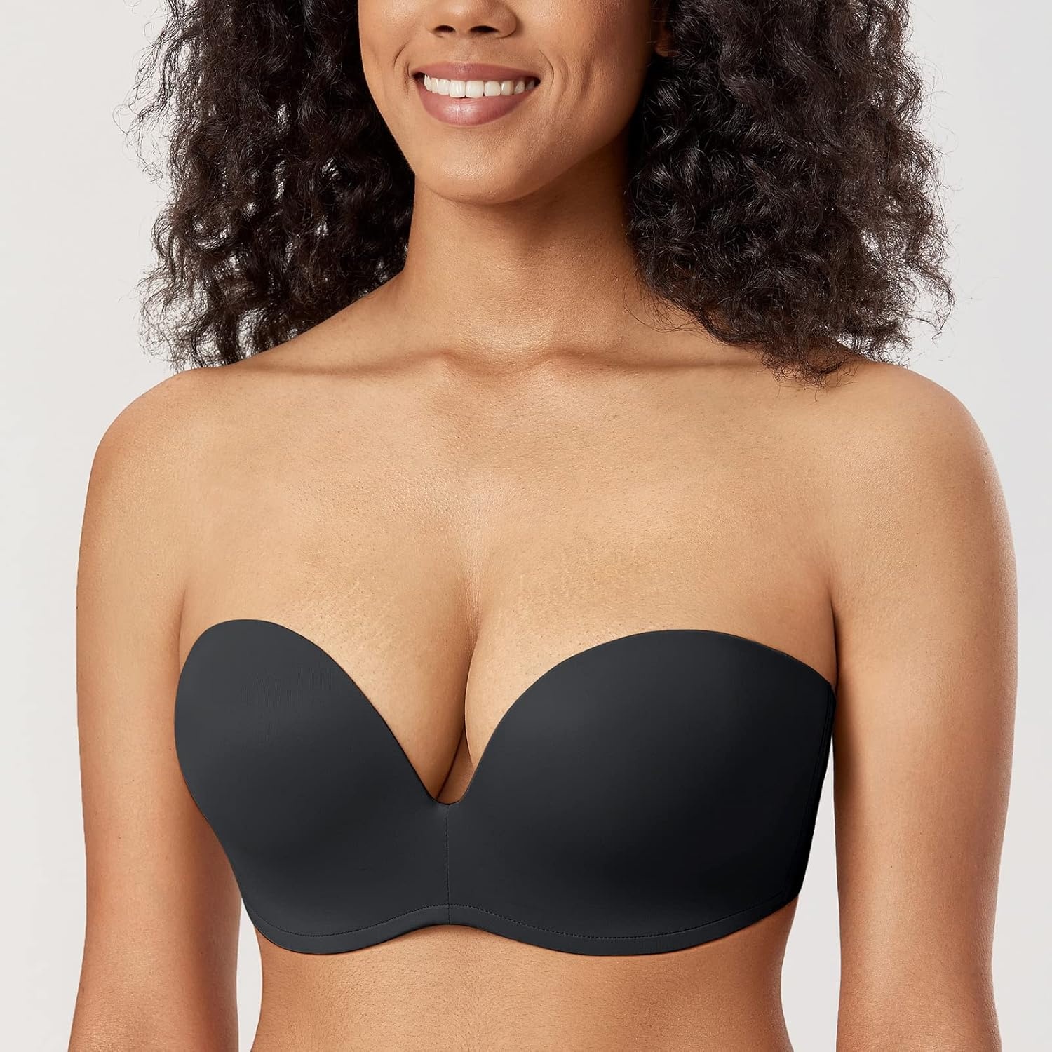image:imageDELIMIRA Womens Strapless Bra Plunge Push Up for Big Busted Seamless Slightly Lined Support Lift Plus Size InvisibleBlack