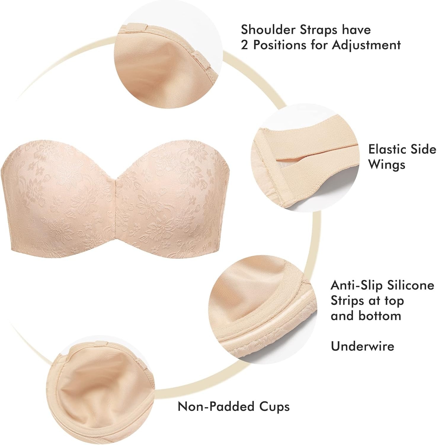 image:imageDELIMIRA Womens Strapless Jacquard Minimizer Bra Plus Size Underwire NonPaddedBeige