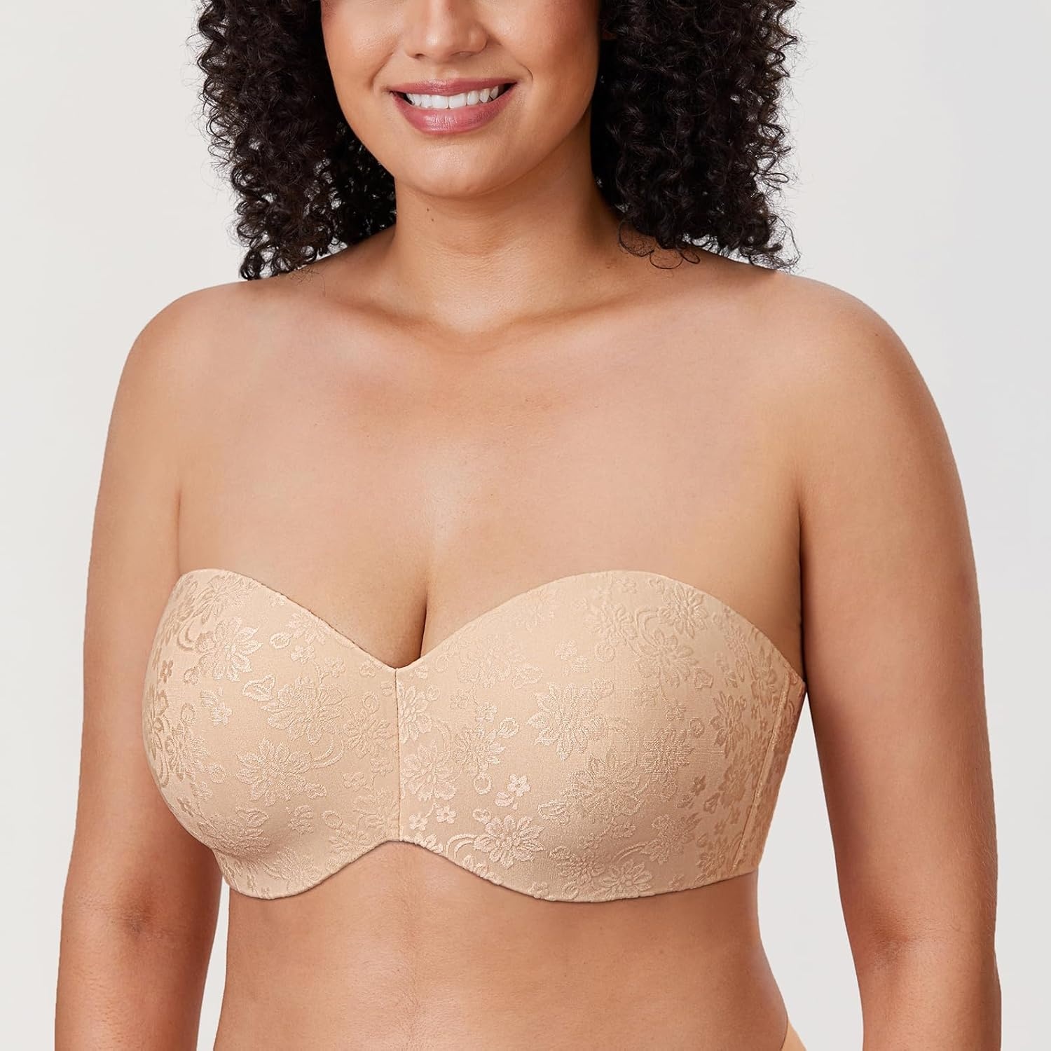 image:imageDELIMIRA Womens Strapless Jacquard Minimizer Bra Plus Size Underwire NonPaddedBeige