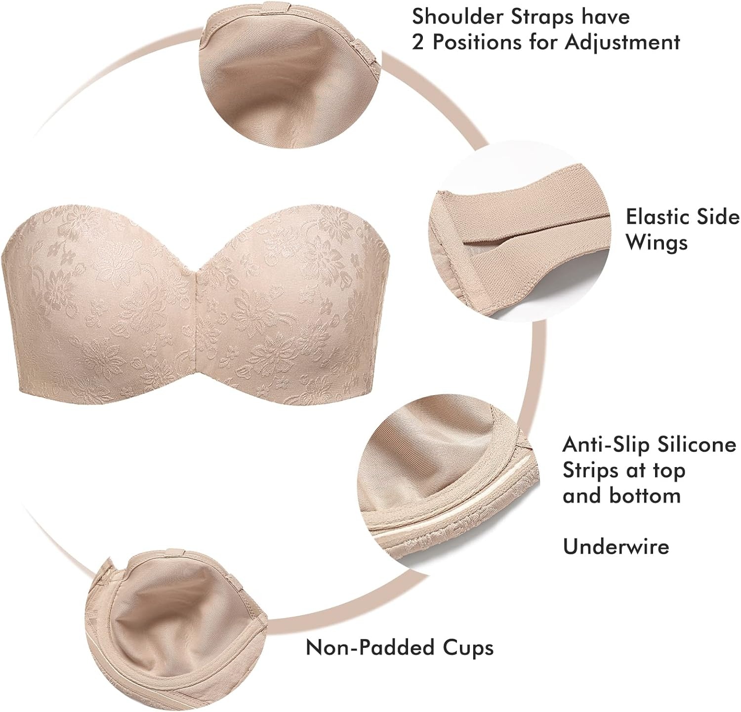 image:imageDELIMIRA Womens Strapless Jacquard Minimizer Bra Plus Size Underwire NonPaddedCashew