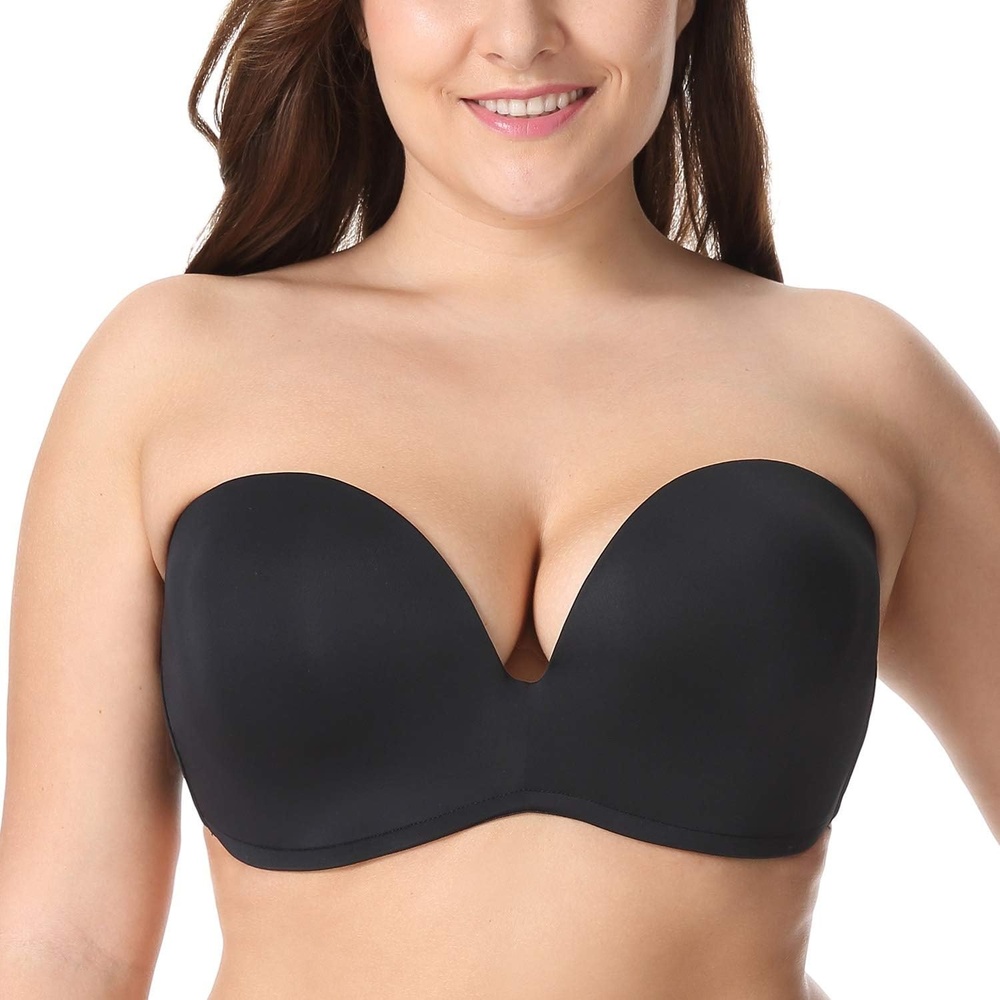 image:imageDELIMIRA Womens Strapless Bra Plunge Push Up for Big Busted Seamless Slightly Lined Support Lift Plus Size InvisibleBlack