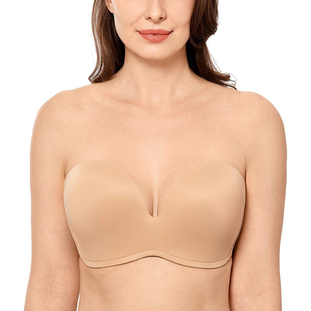 image:imageDELIMIRA Womens Strapless Bra Plunge Push Up for Big Busted Seamless Slightly Lined Support Lift Plus Size InvisibleTaupe Tan