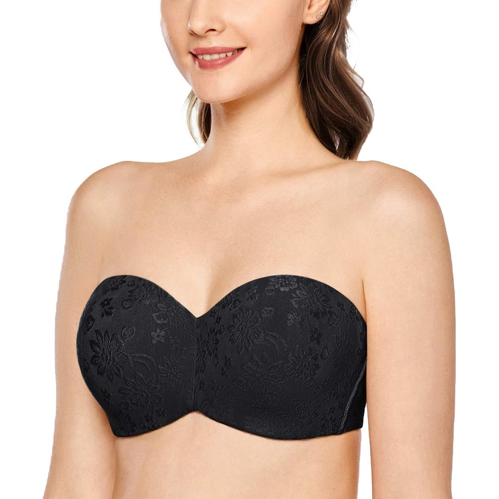 image:imageDELIMIRA Womens Strapless Jacquard Minimizer Bra Plus Size Underwire NonPaddedBlack