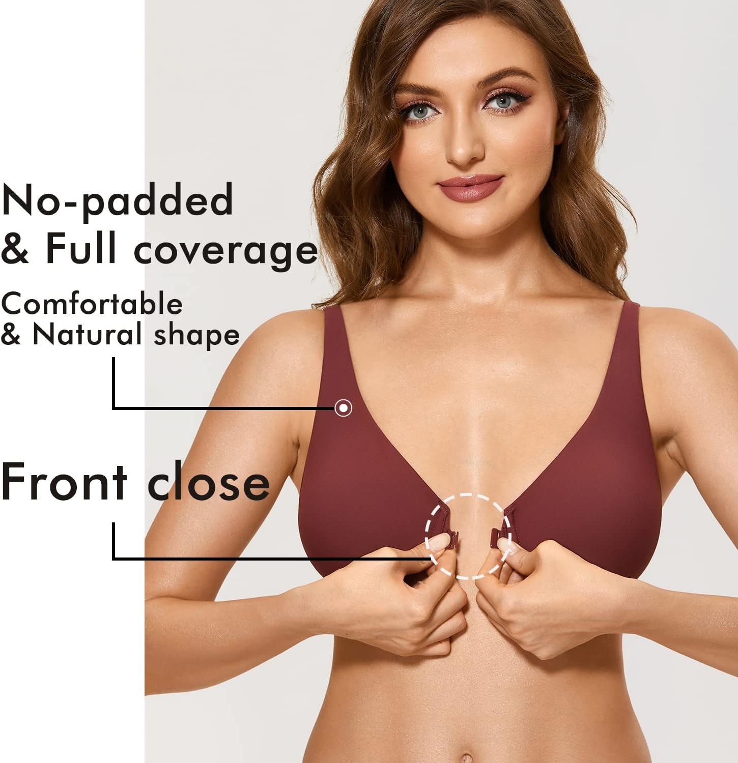 image:imageDELIMIRA Womens Front Closure Bras Seamless Plus Size Plunge Underwire Unlined Comfortable BraChocolate Burgundy
