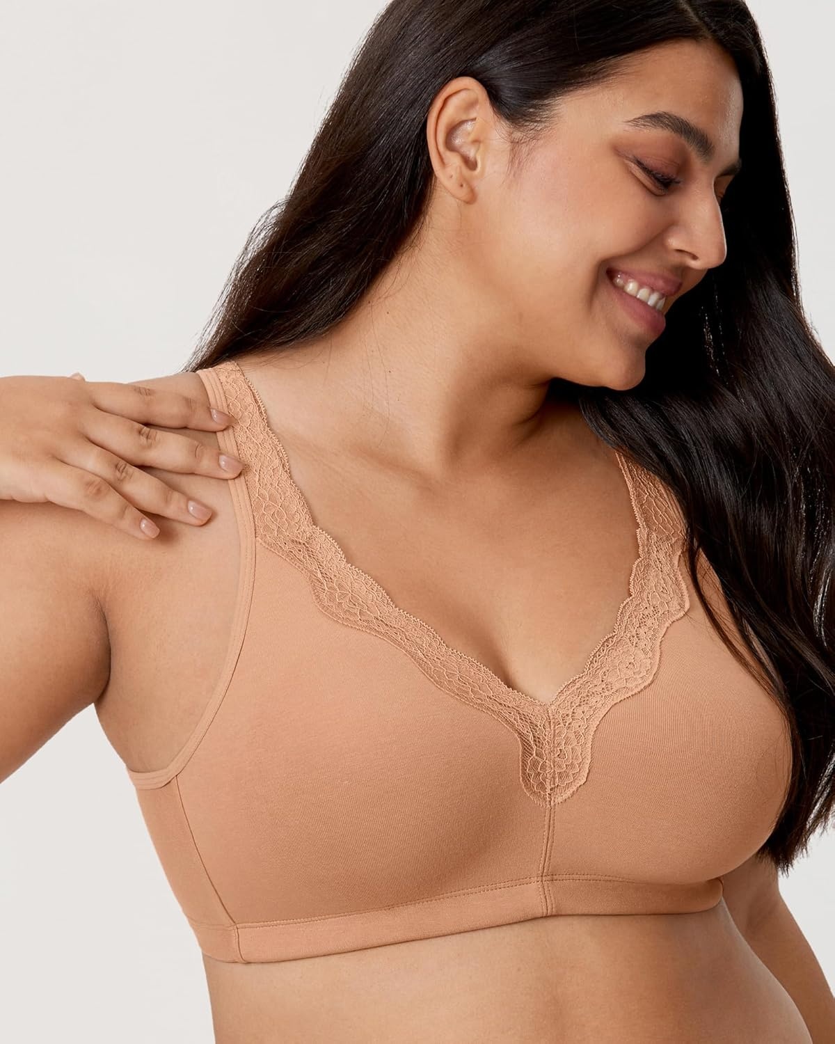 image:imageDELIMIRA Womens Wireless Plus Size Full Coverage Lace Bra Cotton Unlined ComfortableBarely Buff