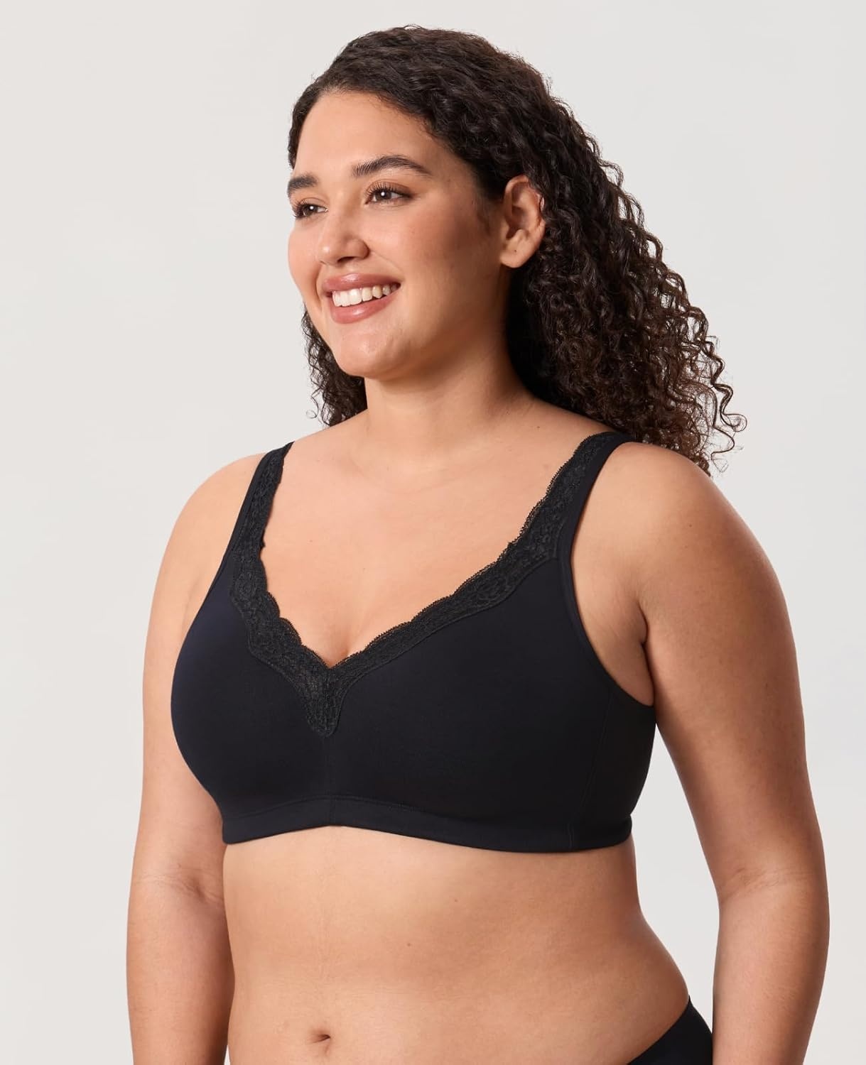 image:imageDELIMIRA Womens Wireless Plus Size Full Coverage Lace Bra Cotton Unlined ComfortableBlack