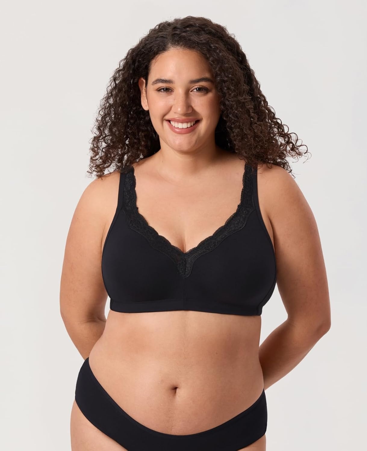 image:imageDELIMIRA Womens Wireless Plus Size Full Coverage Lace Bra Cotton Unlined ComfortableBlack