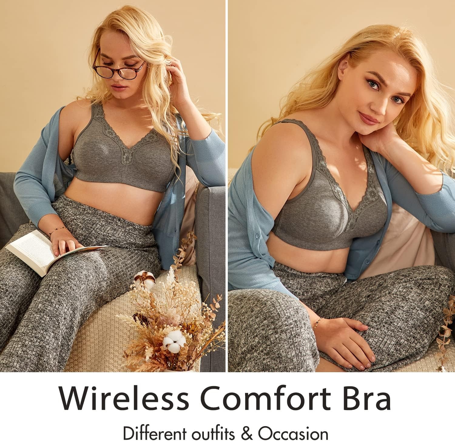 image:imageDELIMIRA Womens Wireless Plus Size Full Coverage Lace Bra Cotton Unlined ComfortableGentle Rose