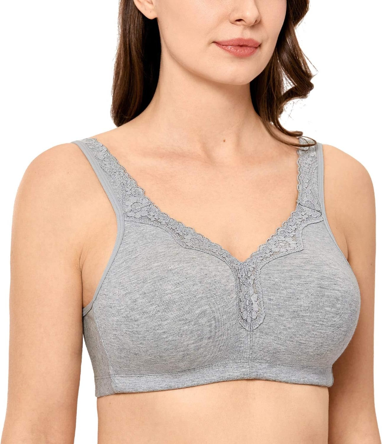 image:imageDELIMIRA Womens Wireless Plus Size Full Coverage Lace Bra Cotton Unlined ComfortableGrey