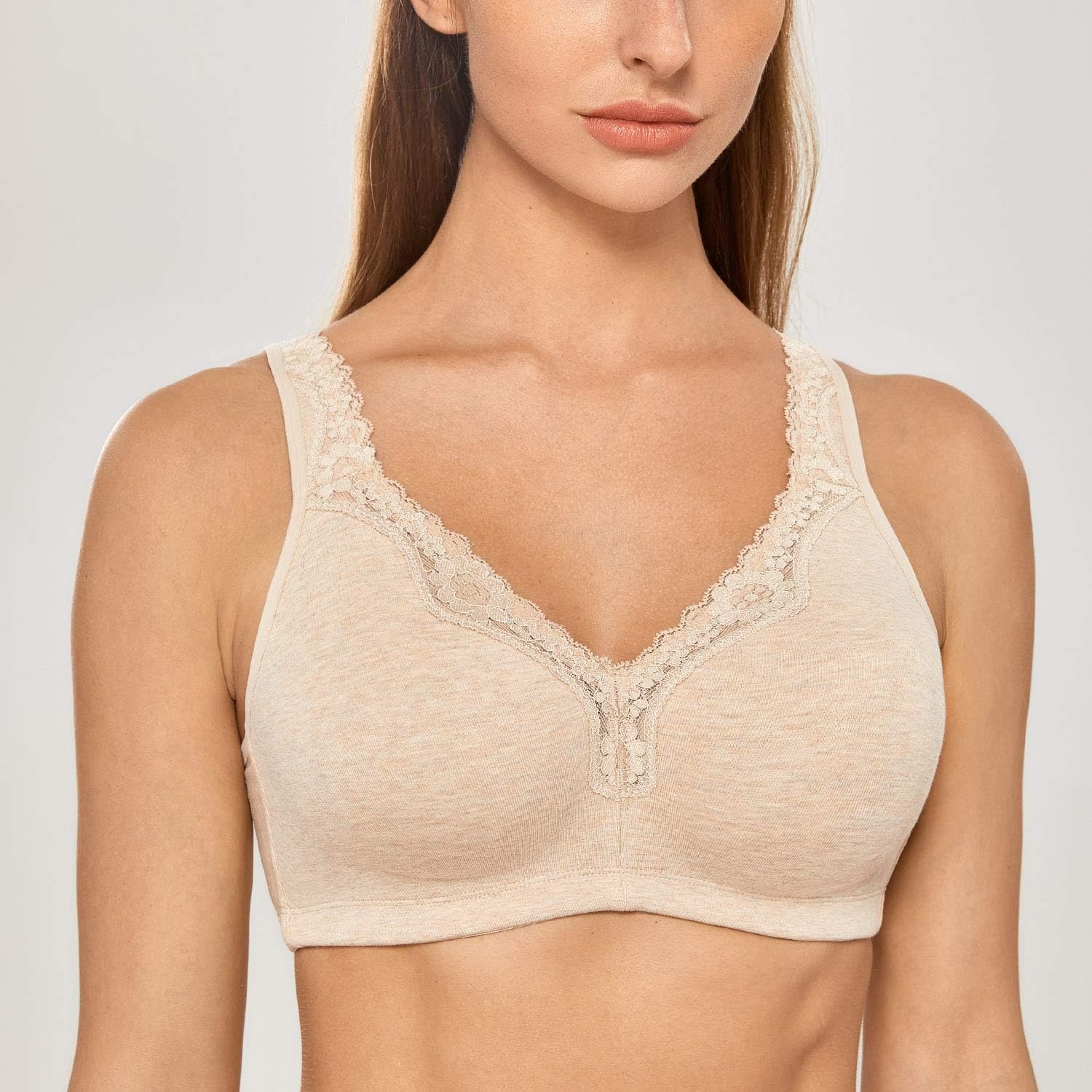 image:imageDELIMIRA Womens Wireless Plus Size Full Coverage Lace Bra Cotton Unlined ComfortableOatmeal Heather