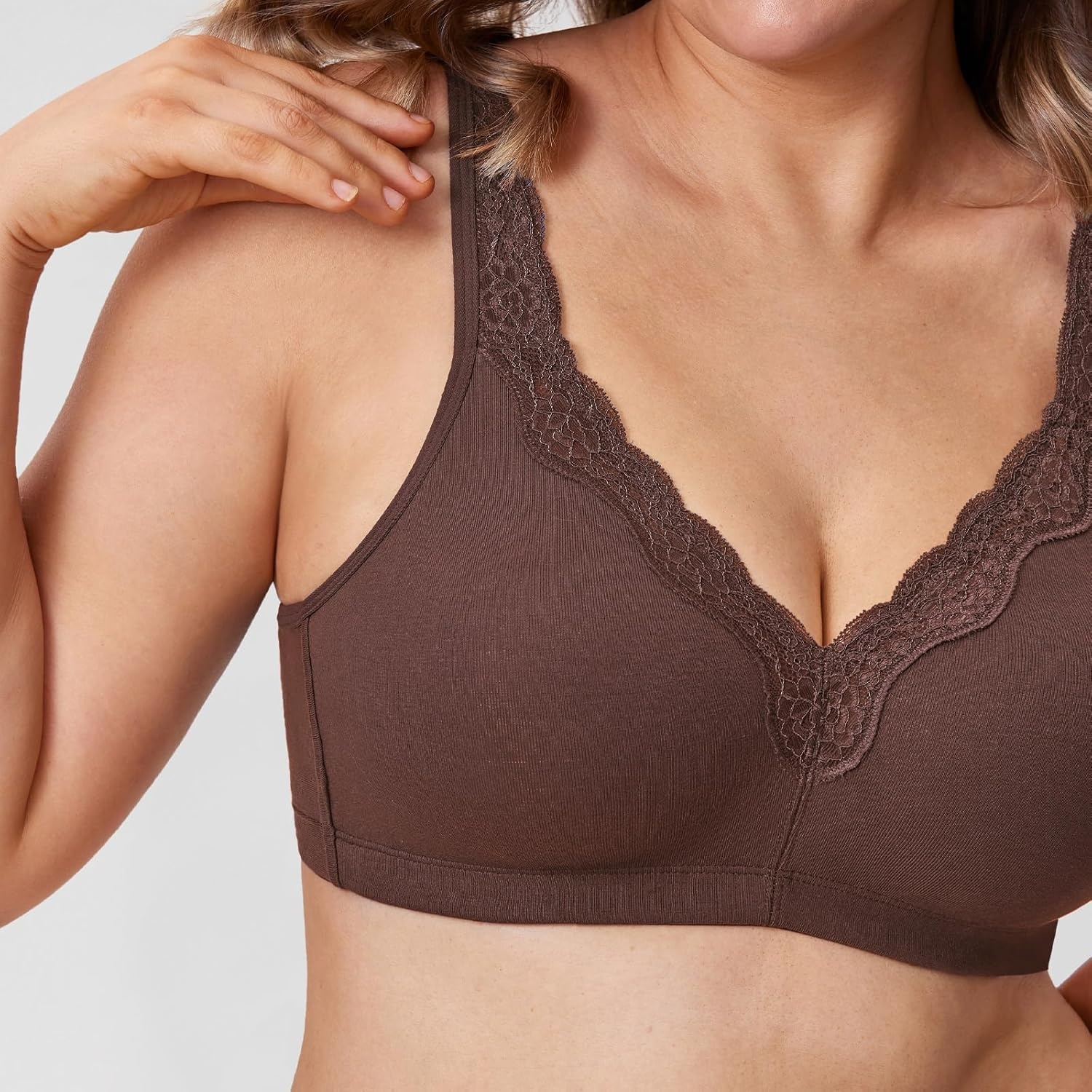 image:imageDELIMIRA Womens Wireless Plus Size Full Coverage Lace Bra Cotton Unlined ComfortableTaupe