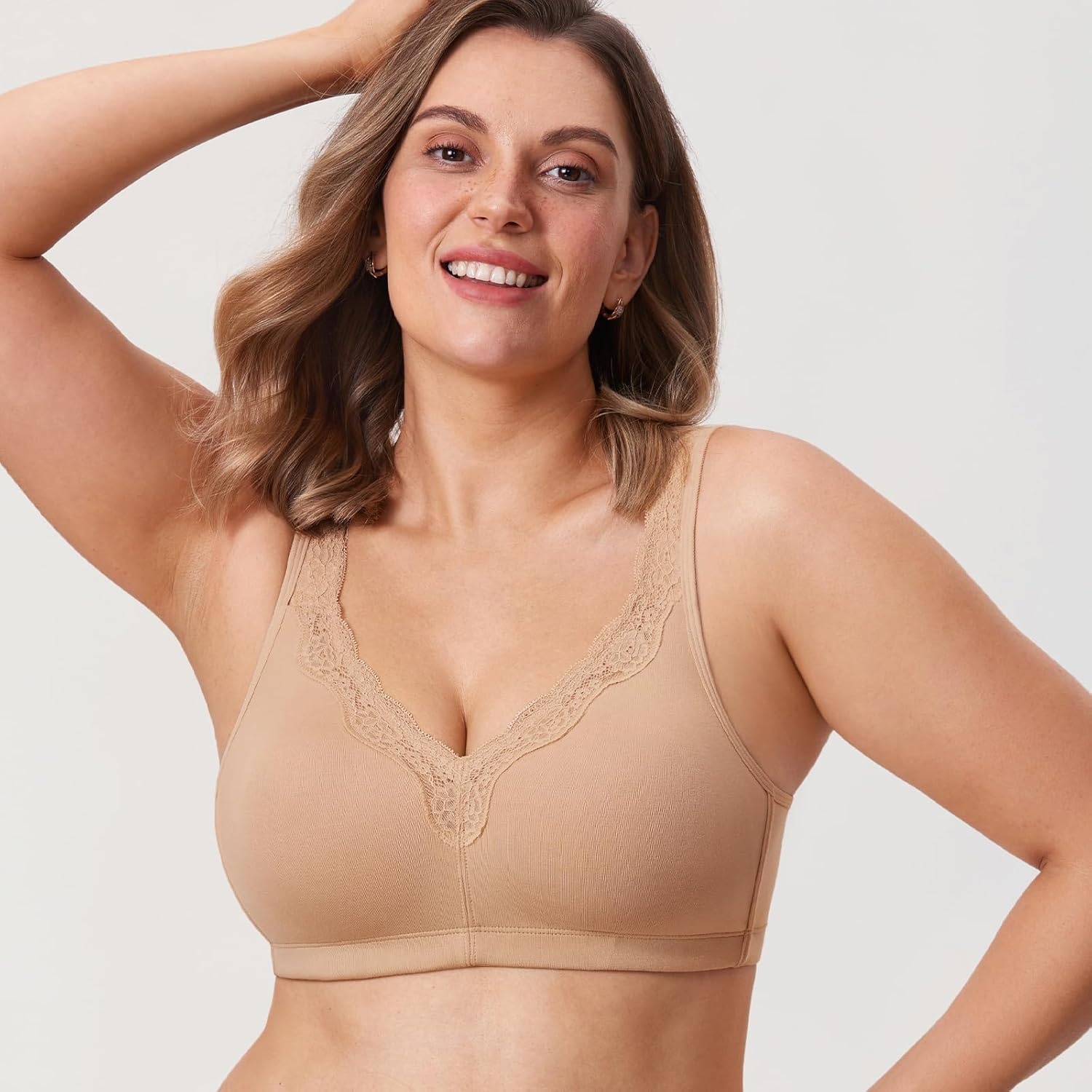 image:imageDELIMIRA Womens Wireless Plus Size Full Coverage Lace Bra Cotton Unlined ComfortableTaupe Tan