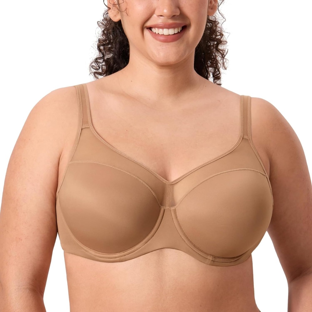 image:imageDELIMIRA Womens Full Coverage Bras Underwire Lightly Padded Plus Size Supportive Tshirt Sheer BraGravel Beige