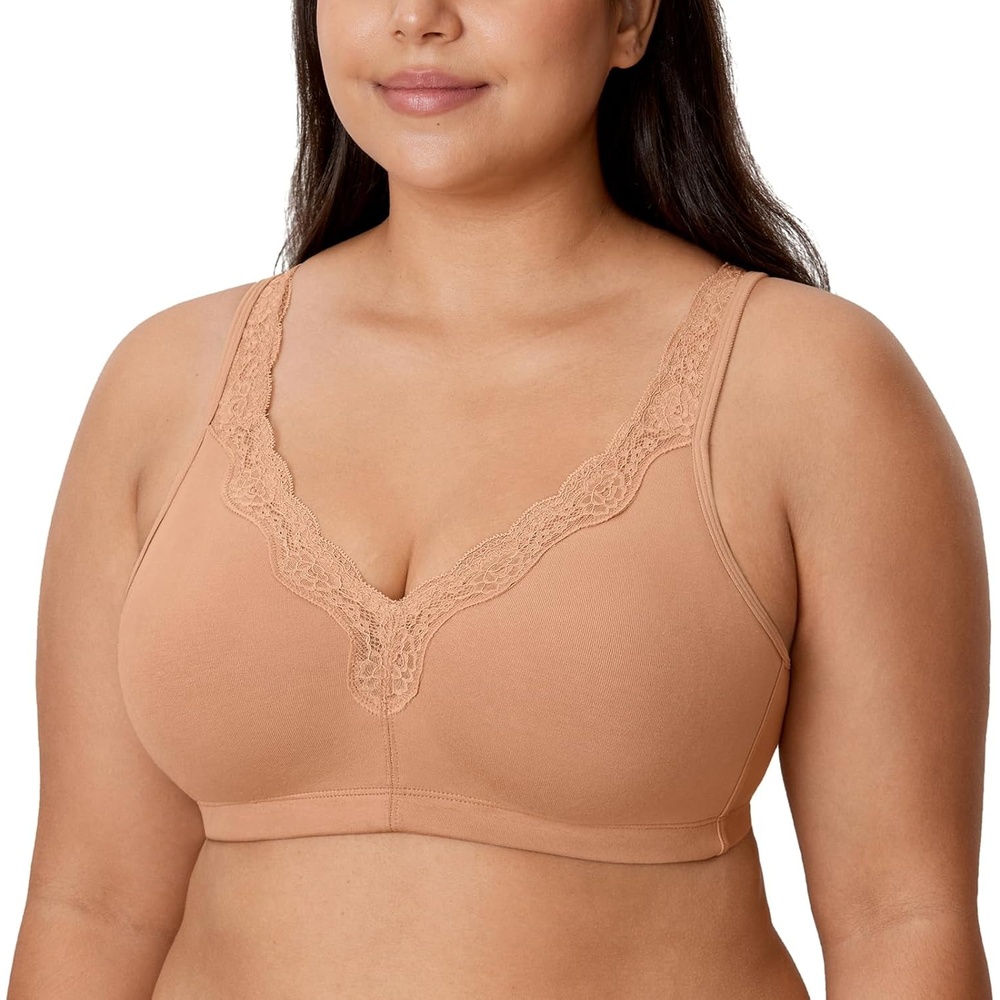 image:imageDELIMIRA Womens Wireless Plus Size Full Coverage Lace Bra Cotton Unlined ComfortableBarely Buff