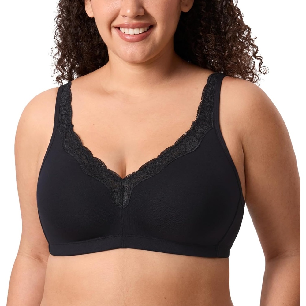image:imageDELIMIRA Womens Wireless Plus Size Full Coverage Lace Bra Cotton Unlined ComfortableBlack