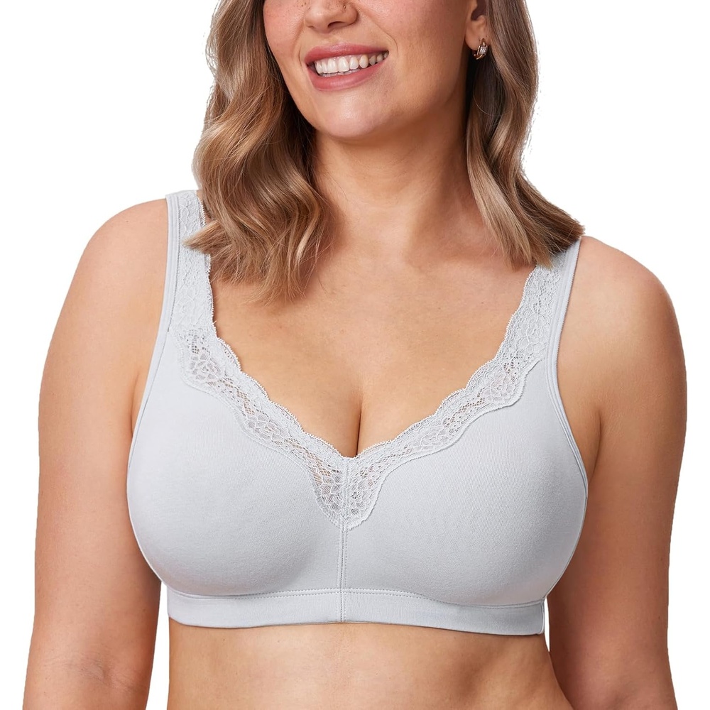 image:imageDELIMIRA Womens Wireless Plus Size Full Coverage Lace Bra Cotton Unlined ComfortableFrench Gray