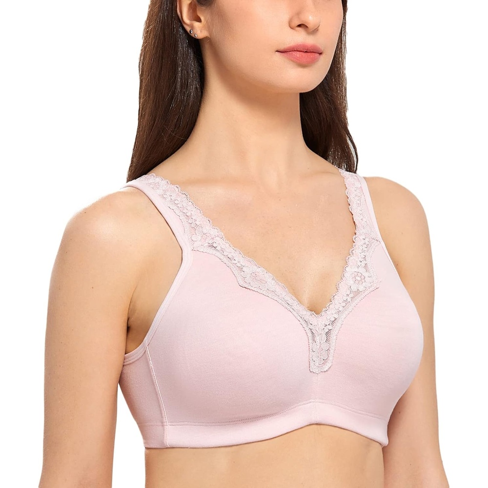 image:imageDELIMIRA Womens Wireless Plus Size Full Coverage Lace Bra Cotton Unlined ComfortableGentle Rose
