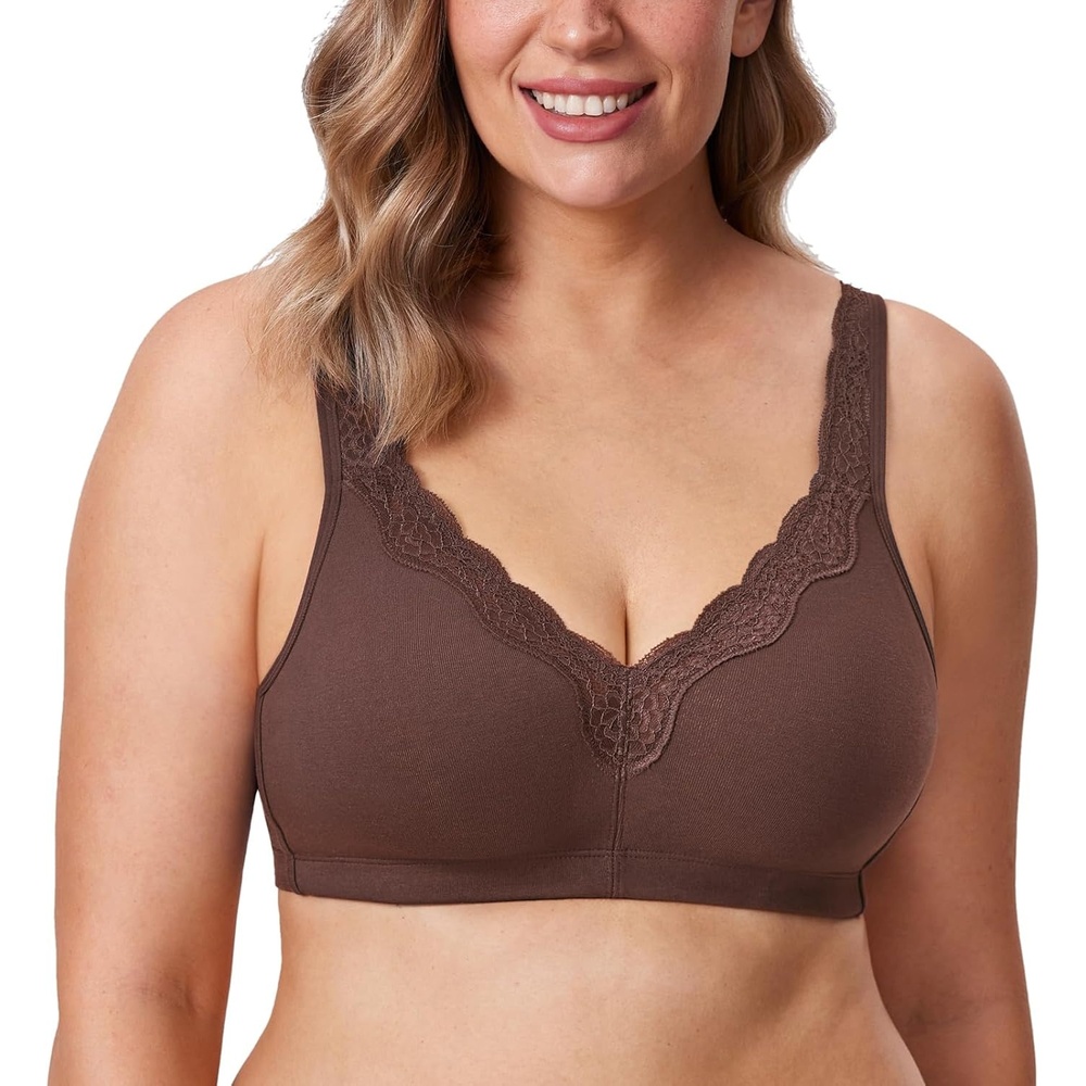 image:imageDELIMIRA Womens Wireless Plus Size Full Coverage Lace Bra Cotton Unlined ComfortableTaupe