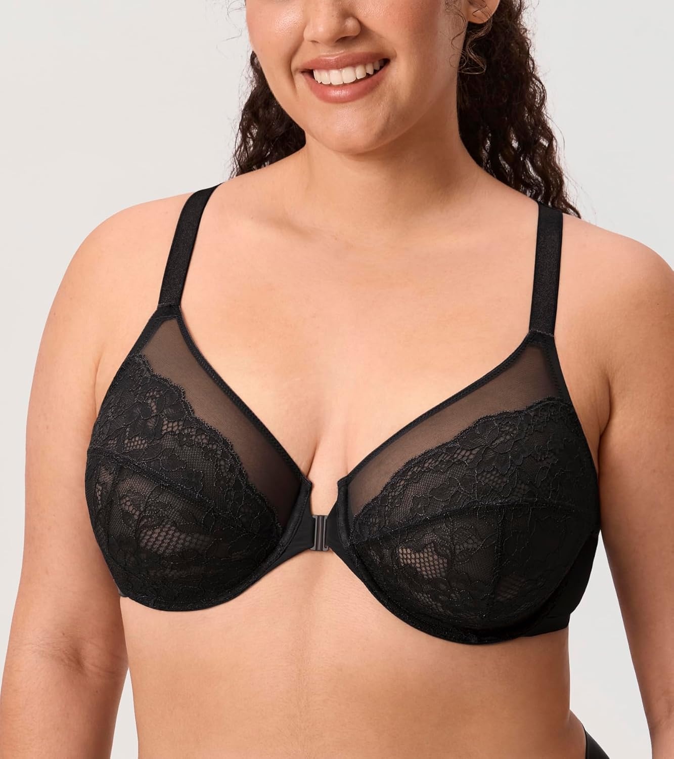image:imageDELIMIRA Womens Front Closure Lace Racerback Plus Size Full Coverage Underwire Unlined BraBlack