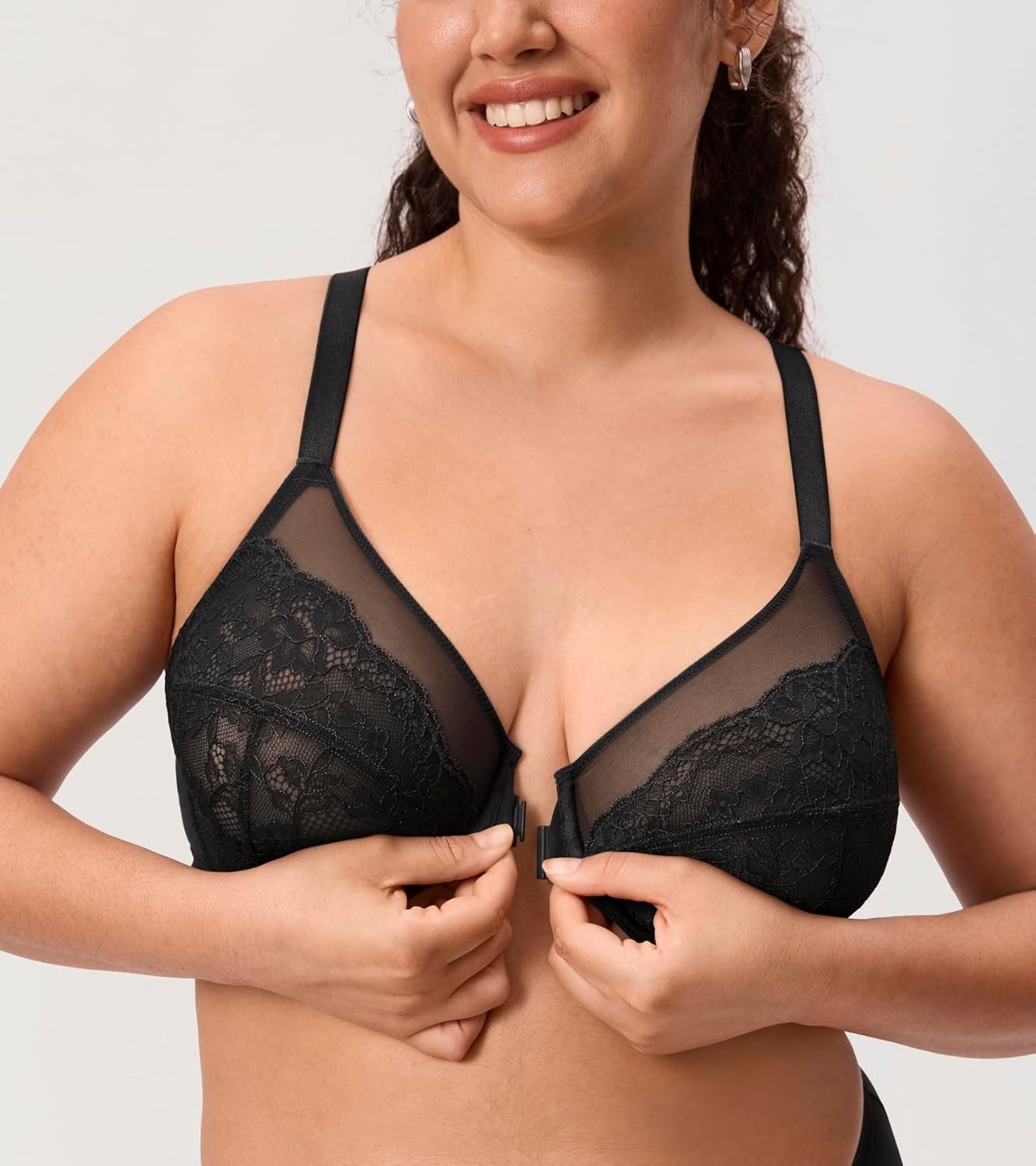 image:imageDELIMIRA Womens Front Closure Lace Racerback Plus Size Full Coverage Underwire Unlined BraBlack