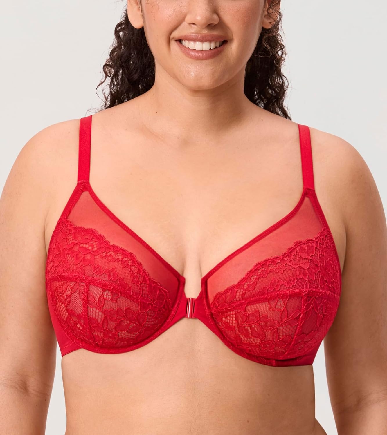 image:imageDELIMIRA Womens Front Closure Lace Racerback Plus Size Full Coverage Underwire Unlined BraLipstick Red
