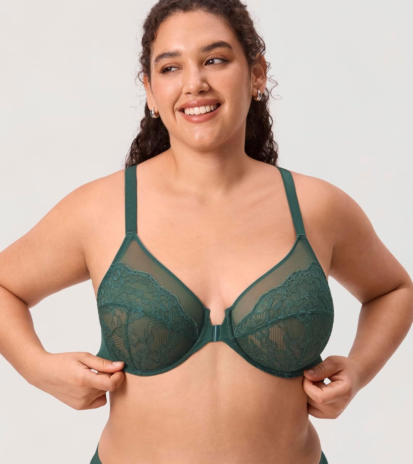 image:imageDELIMIRA Womens Front Closure Lace Racerback Plus Size Full Coverage Underwire Unlined BraMidnight Emerald