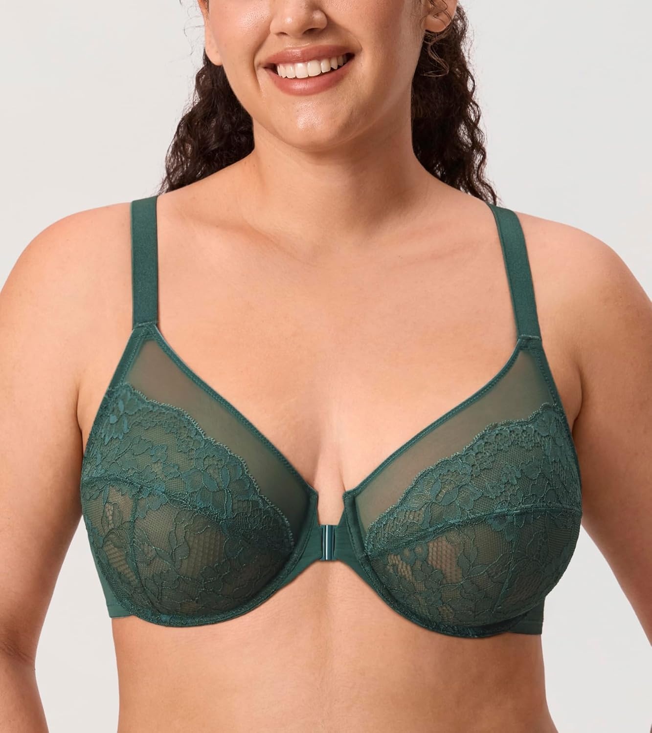 image:imageDELIMIRA Womens Front Closure Lace Racerback Plus Size Full Coverage Underwire Unlined BraMidnight Emerald