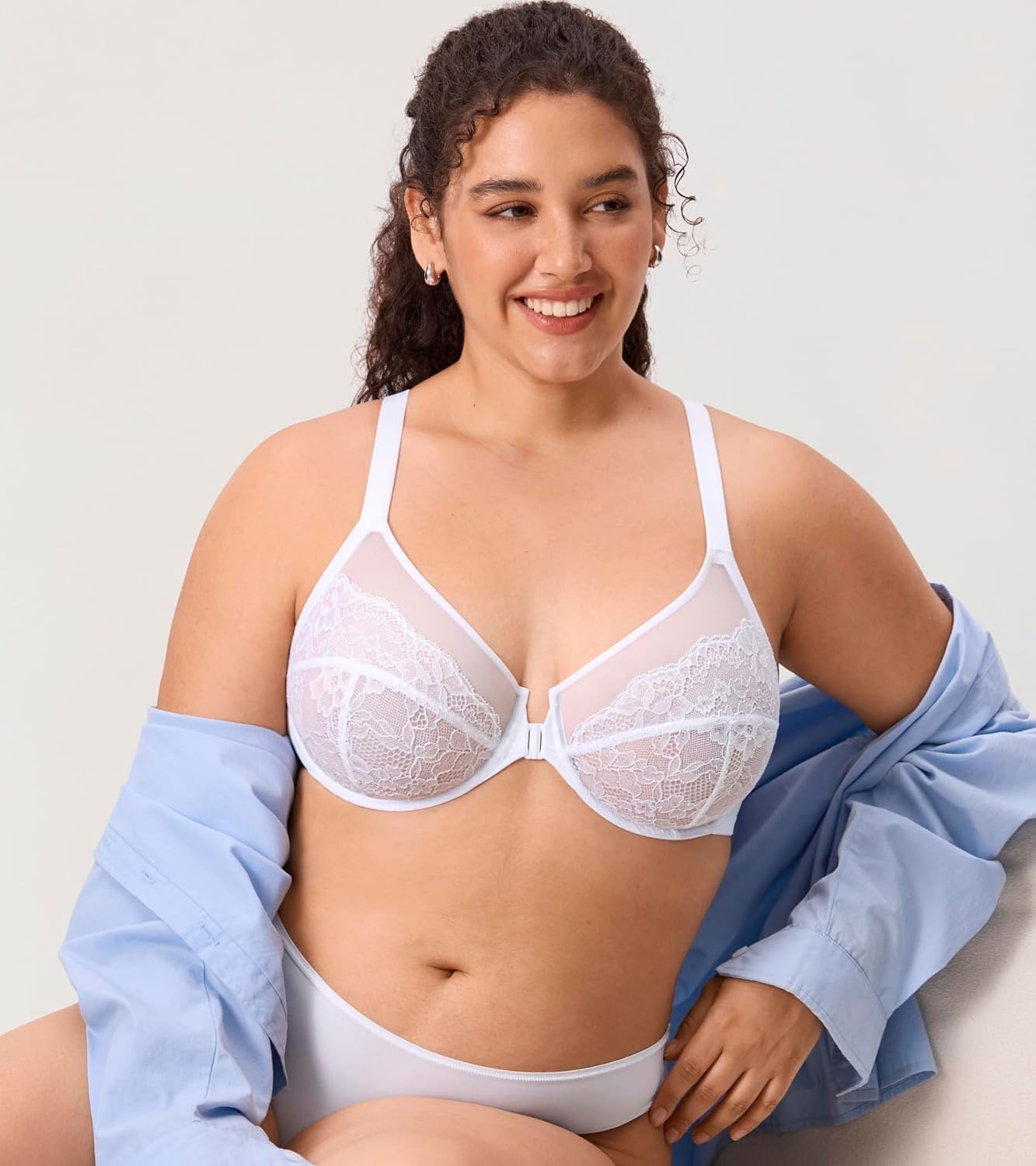 image:imageDELIMIRA Womens Front Closure Lace Racerback Plus Size Full Coverage Underwire Unlined BraWhite