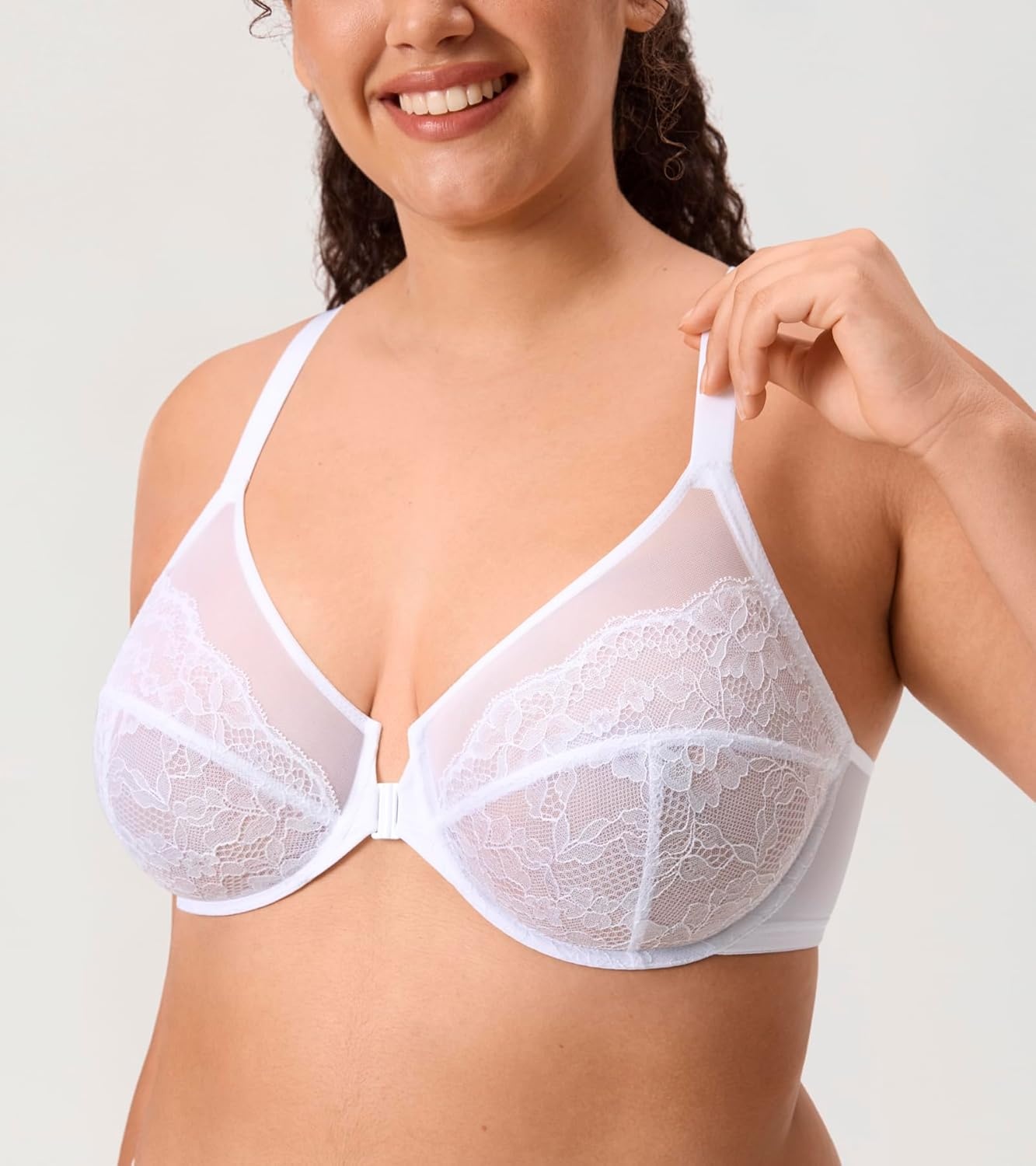 image:imageDELIMIRA Womens Front Closure Lace Racerback Plus Size Full Coverage Underwire Unlined BraWhite